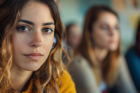 A woman with brown hair and brown eyes is looking at the camera. She is wearing a yellow sweaterの素材