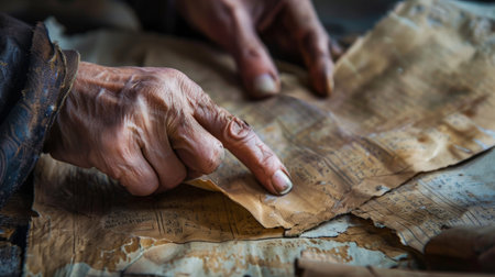 An old man is holding a scroll in his hands. The scroll is made of wood and he is very old. The man seems to be examining the scroll, possibly trying to read or decipher its contentsの素材