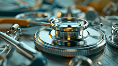 A collection of medical instruments and a coin. The coin is silver and has a blue circle on it. The instruments are scattered around the coin, creating a sense of chaos and disarrayの素材