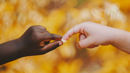 Two hands clasped together, one white and one black. Concept of unity and togetherness, as the two hands are intertwinedの素材