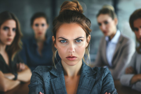 A woman with a serious expression is surrounded by other women. Scene is tense and seriousの素材
