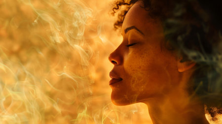 Focus on a womans deep, rhythmic breathing, conveying meditative focus.の素材