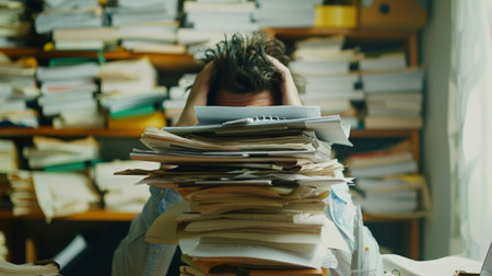 A man is wearing a shirt and has his head on a pile of papers. He looks surprised and is looking at the cameraの素材
