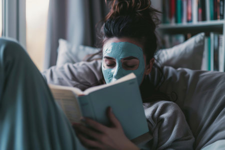 A woman is reading a book while wearing a blue face mask. She is sitting on a couch with a pile of books behind herの素材