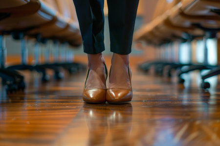A woman is standing in a room with wooden floors and chairs. She is wearing high heels and is the center of attentionの素材