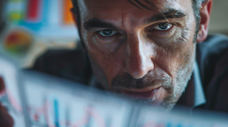 A man is looking at a piece of paper with a lot of numbers on it. He is focused and seriousの素材