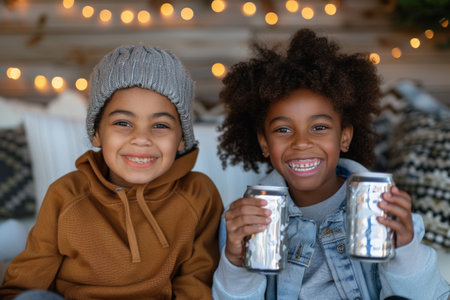 Two Black American kids happily enjoy soda cans, sharing a good moment together, savoring the refreshing drink in their hands.の素材