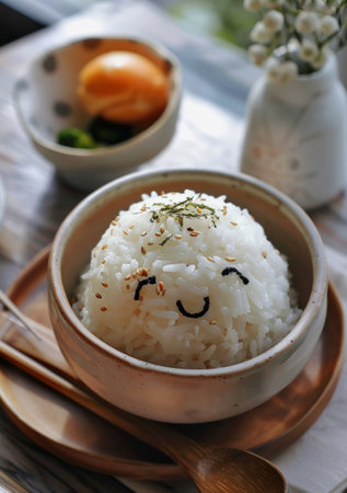 A dish of rice, delicately arranged and presented in a cute mannerの素材