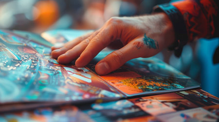 Close-up of a hand flipping through a notebook filled with meeting notesの素材