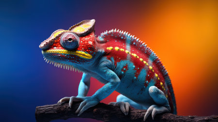 A colorful chameleon perched on a tree branchの素材