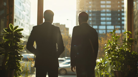 Two executives adjusting their suits before walking into an important client meetingの素材
