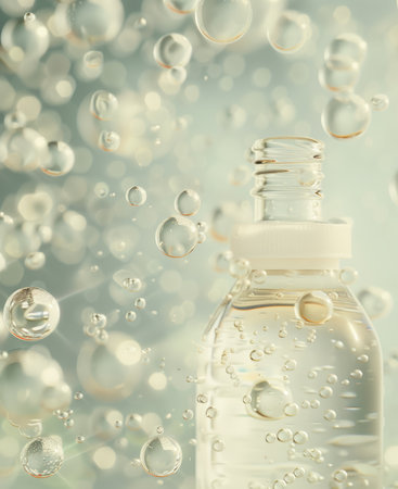 A white essence bottle surrounded by floating water bubbles in the air, creating a serene and ethereal sceneの素材