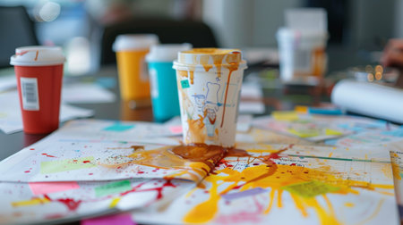 Close-up of spilled coffee on brainstorming notesの素材