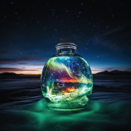 A glass ball with a mesmerizing display of the northern lights captured withinの素材