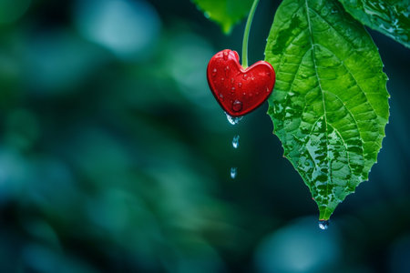 Close-up of a heart-shaped water droplet falling from a leaf after a workout, symbolizing the connection between exercise and health.の素材