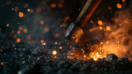 Close-up of a blacksmiths hammer striking hot metal, sparks flying against a dark background.の素材
