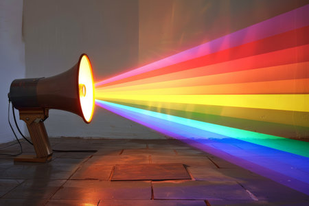 A megaphone projecting a rainbow beam of light, symbolizing hope and optimism in the workplace.の素材