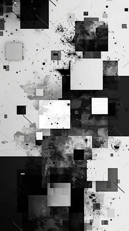 A black and white image of a wall made of squares. The squares are of different sizes and are arranged in a way that creates a sense of depth and texture. The image evokes a feeling of modernityの素材