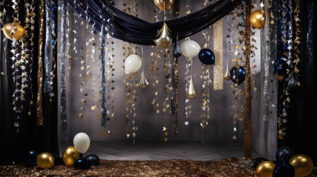 A room filled with colorful balloons of various shapes and sizes hanging from the ceiling, creating a festive atmosphere.の素材