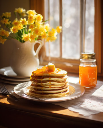 A stack of fluffy pancakes with orange slices and juice sits on a trayの素材