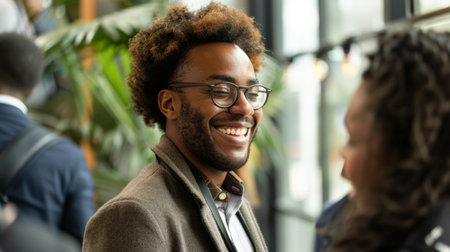A sincere smile and focused eye contact during initial introductions, setting the tone for a positive meetingの素材