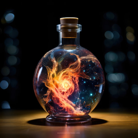 A glass bottle containing a mesmerizing display of nebular lightの素材
