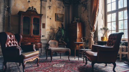 A historical building setting with vintage furniture, hosting a meeting with a long-standing clientの素材