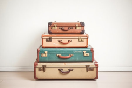 A pile of stacked suitcases on a minimal background.の素材
