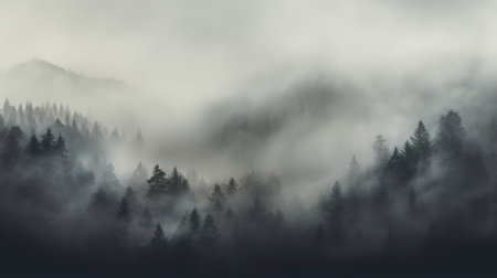 An aerial view of a foggy pine forest scene.の素材