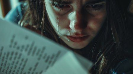 A woman is crying while reading a book. The book is open to a page with a lot of text. The woman's face is full of tears and she is looking down at the page. Scene is sad and emotionalの素材