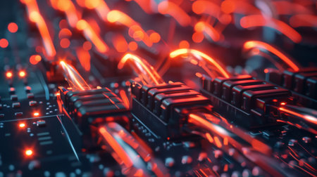 A computer circuit board with red wires and black connectors. Concept of technology and innovation, with the bright red wires representing the power and energy of the systemの素材