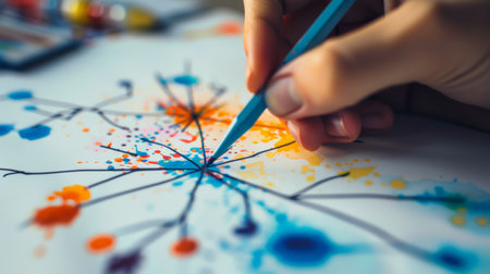 Close-up of a hand drawing a mind map, branching out with new possibilities and connectionsの素材