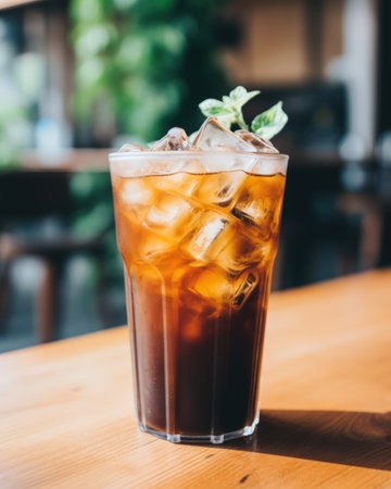 A glass of tea with a slice of lemon in it sits on a wooden table next to a vase of flowers. The scene is cozy and inviting, with the sunlight streaming in through the windowの素材