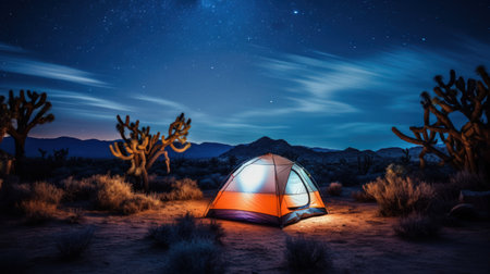 A small orange tent is set up in the desert at night. The sky is dark and the stars are shining brightly. The scene is peaceful and sereneの素材
