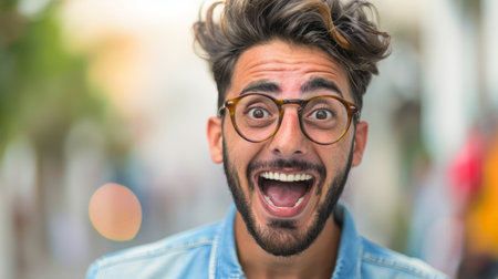 A man with a beard and mustache is smiling and laughing. He has a big smile on his face and his teeth are visible. Concept of happiness and joyの素材