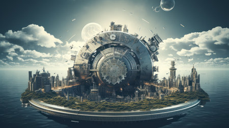 A futuristic city is floating in the sky with a large clock on the ground. The clock is surrounded by buildings and a large dome. The city appears to be in a different dimension or universeの素材