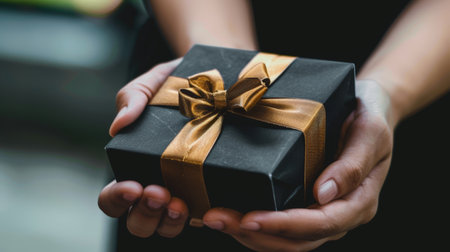 A person is holding a black box with gold ribbon. The box is wrapped in gold ribbon and has a bow on topの素材