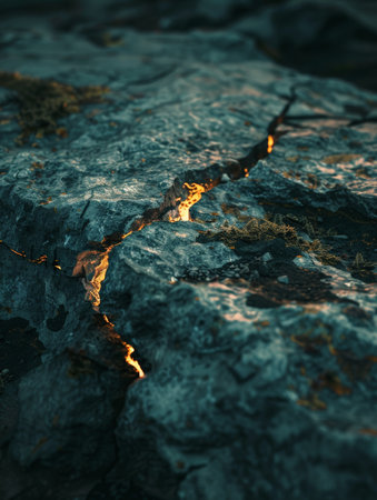 A close up of a rock with a crack in it. The crack is filled with light, giving the rock a warm and inviting appearanceの素材