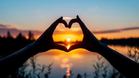 A pair of hands make a heart shape in the water, with the sun shining on the water. The scene is peaceful and serene, with the sun setting in the backgroundの素材