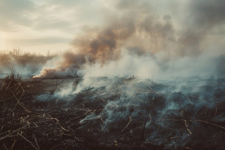 Wisps of smoke rising from a dampened fire scene, the lingering scent of ash in the air.の素材
