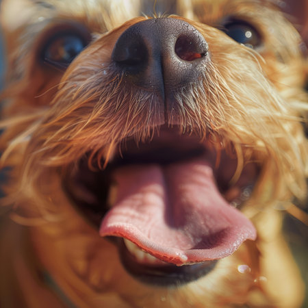 A dog is smiling and has its tongue out. The dog's tongue is wet and it is enjoying the waterの素材