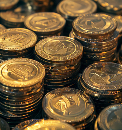 A stack of coins with different colors and sizes. The coins are piled on top of each other, creating a visually interesting and unique displayの素材