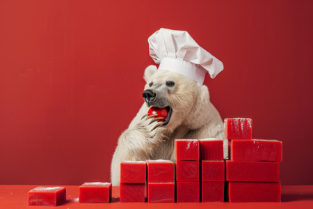 A bear wearing a chefs hat, gleefully cooking up a stack of red stock charts.の素材