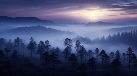 At twilight, the foggy pine forests are nature's lullaby, with the sun's serene serenade painting indigo and amethyst shadesの素材