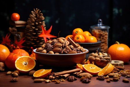 Autumn background with candied oranges, nuts, and spices.Vintage board texture background.の素材