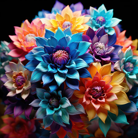 3D render of abstract cut paper flowers in rainbow colorsの素材