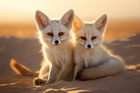 Two baby foxes are sitting on the sand, looking at the camera. The scene is peaceful and serene, with the sun shining down on the animalsの素材