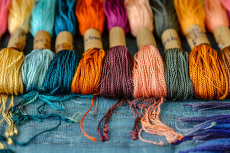 Close-up of colorful embroidery threads laid out, ready to repair a damaged textile.の素材