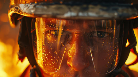 Close-up of a firefighters helmet visor reflecting the flames, sweat beading on their brow.の素材
