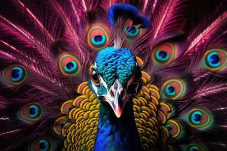 A peacock with its head turned to the side. The feathers are bright blue and green. The peacock is looking at the cameraの素材